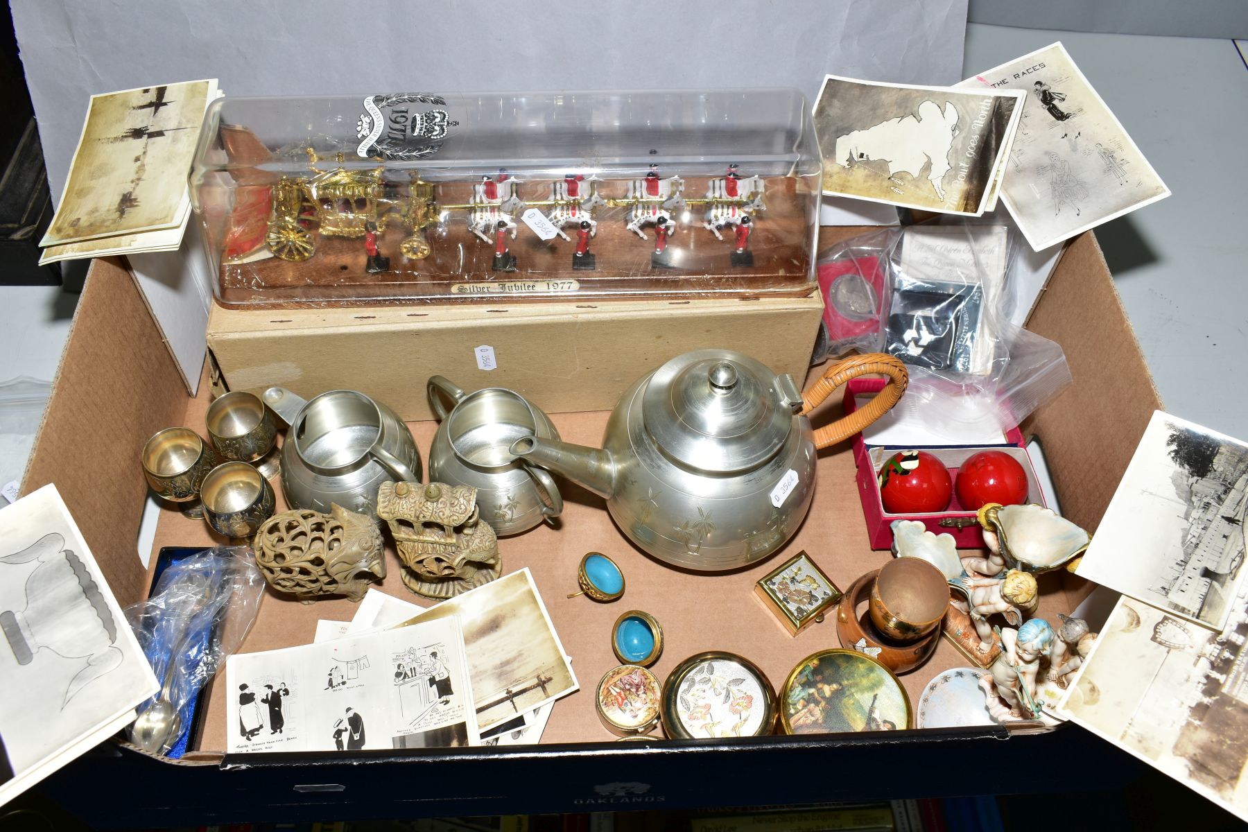 A BOX OF METALWARES, BOXED SILVER JUBILEE STATE COACH MODEL, commemorative crowns, assorted pill and