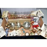 A BOX OF METALWARES, BOXED SILVER JUBILEE STATE COACH MODEL, commemorative crowns, assorted pill and