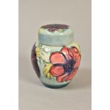 A SMALL MOORCROFT POTTERY GINGER JAR AND COVER, 'Anemone' pattern on pale blue ground, initialled to