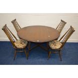 A DARK ERCOL ELM OVAL DROP LEAF TABLE on four outsplayed legs united by cross framed stretcher, open