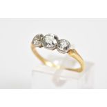 AN EARLY TO MID 20TH CENTURY THREE STONE DIAMOND RING, set with three old cut diamonds within collet