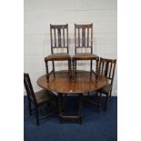 AN EARLY TO MID 20TH CENTURY OAK BARLEY TWIST OVAL GATE LEG TABLE and four matching chairs (5)