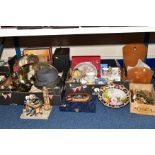 FOUR BOXES AND LOOSE OF MISCELLANEOUS ITEMS including Capo di Monte figure of horologist (watch