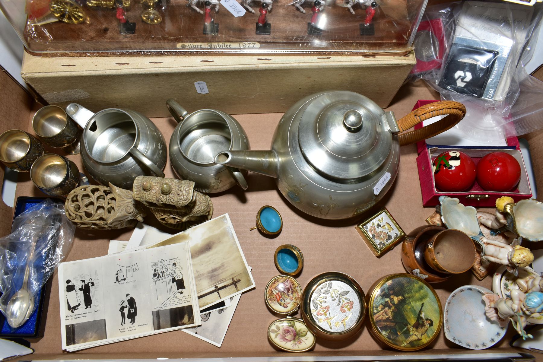 A BOX OF METALWARES, BOXED SILVER JUBILEE STATE COACH MODEL, commemorative crowns, assorted pill and - Image 2 of 4