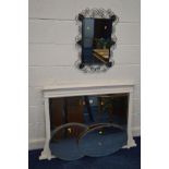 A PAINTED EDWARDIAN OVERMANTEL MIRROR, 125cm x 88cm (sd) together with a wrought iron framed wall