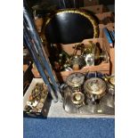 TWO BOXES OF METALWARES AND A FOUR PIECE EPNS TEA SERVICE AND A RECTANGULAR TRAY, an oval papier