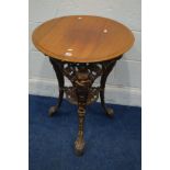 A CIRCULAR CAST IRON PUB TABLE, with a mahogany top, diameter 61cm x height 71cm