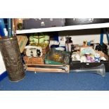 THREE BOXES AND LOOSE OF MISCELLANEOUS ITEMS to include an embossed brass stick stand and