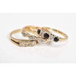 THREE 9CT GOLD RINGS, the first a sapphire and diamond ring with scrolling gallery and a 9ct