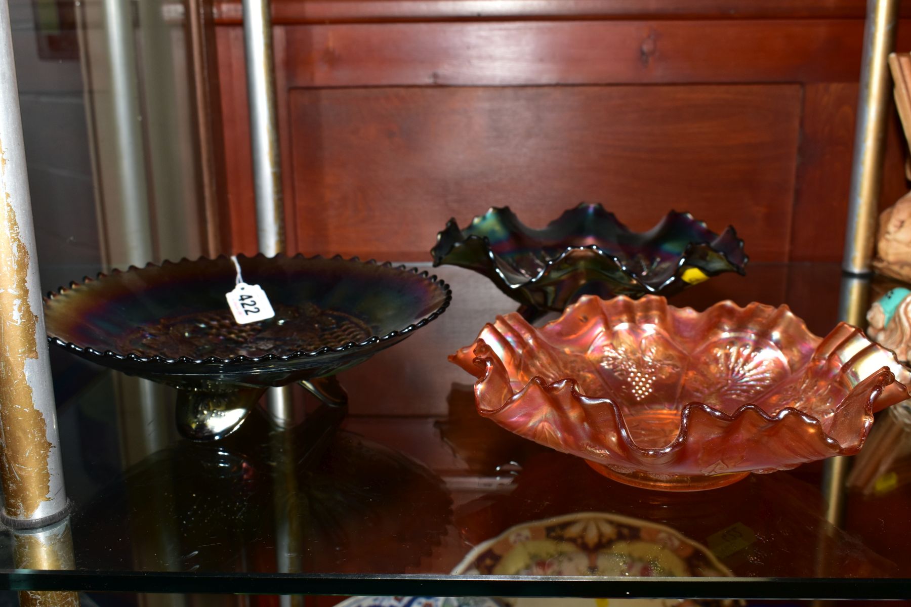 TWO PURPLE CARNIVAL GLASS FOOTED DISHES, one with grape decoration, approximate diameter 23cm and - Image 2 of 3