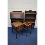 A SLIM OAK BUREAU, together with an open bookcase, two oak sewing boxes (s.d.) (4)