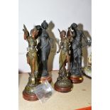TWO PAIRS OF LATE 19TH CENTURY SPELTER FIGURES, comprising a patinated pair with titled bases 'La