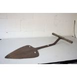 A VINTAGE PEAT SHOVEL, with a heart shaped paddle in a rusty state and a hardwood handle (intact)