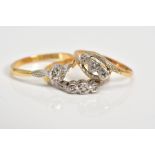 THREE DIAMOND SET RINGS, the first a single stone ring set with a single cut diamond, with leaf