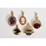 A SELECTION OF FIVE 9CT GOLD PENDANTS, to include two scroll detailed swivel fobs set with semi