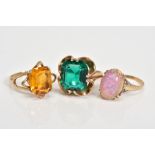 THREE GEM SET RINGS, to include a cushion cut orange paste, within a four claw setting, to the