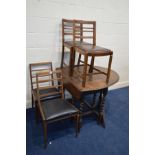 TWO MID 20TH CENTURY TEAK LADDERBACK CHAIRS, together with an oak barley twist gate leg table (sd)