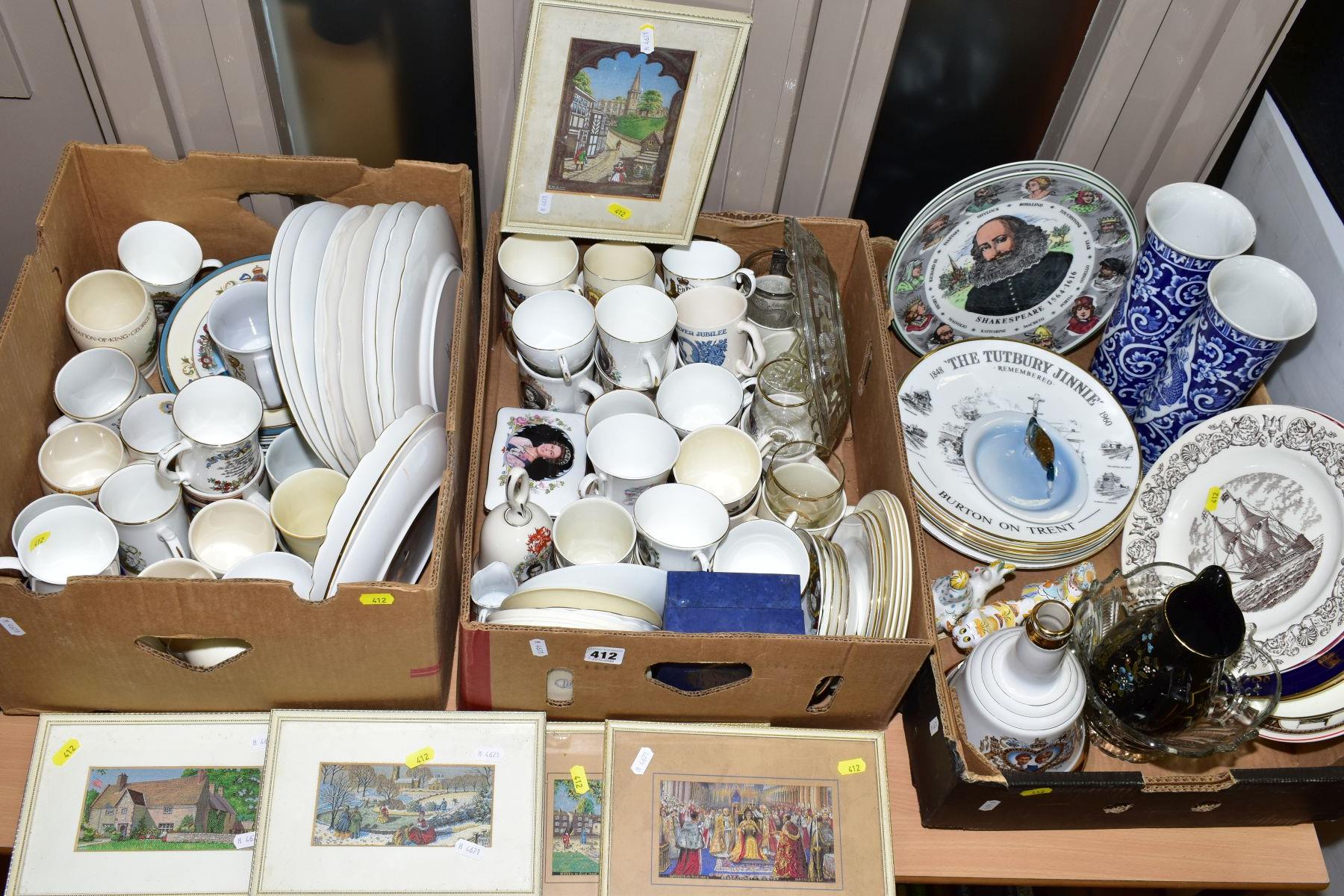 THREE BOXES AND LOOSE CERAMICS, PICTURES, GLASS ETC, to include framed woven silk pictures (