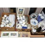 THREE BOXES AND LOOSE CERAMICS, PICTURES, GLASS ETC, to include framed woven silk pictures (