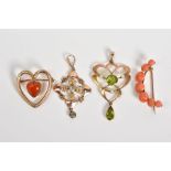 FOUR EARLY 20TH CENTURY PENDANTS AND BROOCHES, to include a peridot and seed pearl set open work