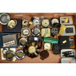 A BOX OF ITEMS, TO INCLUDE TRAVEL CLOCKS, smoking apparatus, compasses, wind precision equipment,