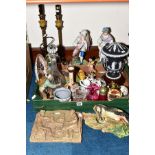 A BOX OF VICTORIAN AND LATER CERAMICS, GLASSWARE AND LOOSE ITEMS, including a pair of table lamps, a