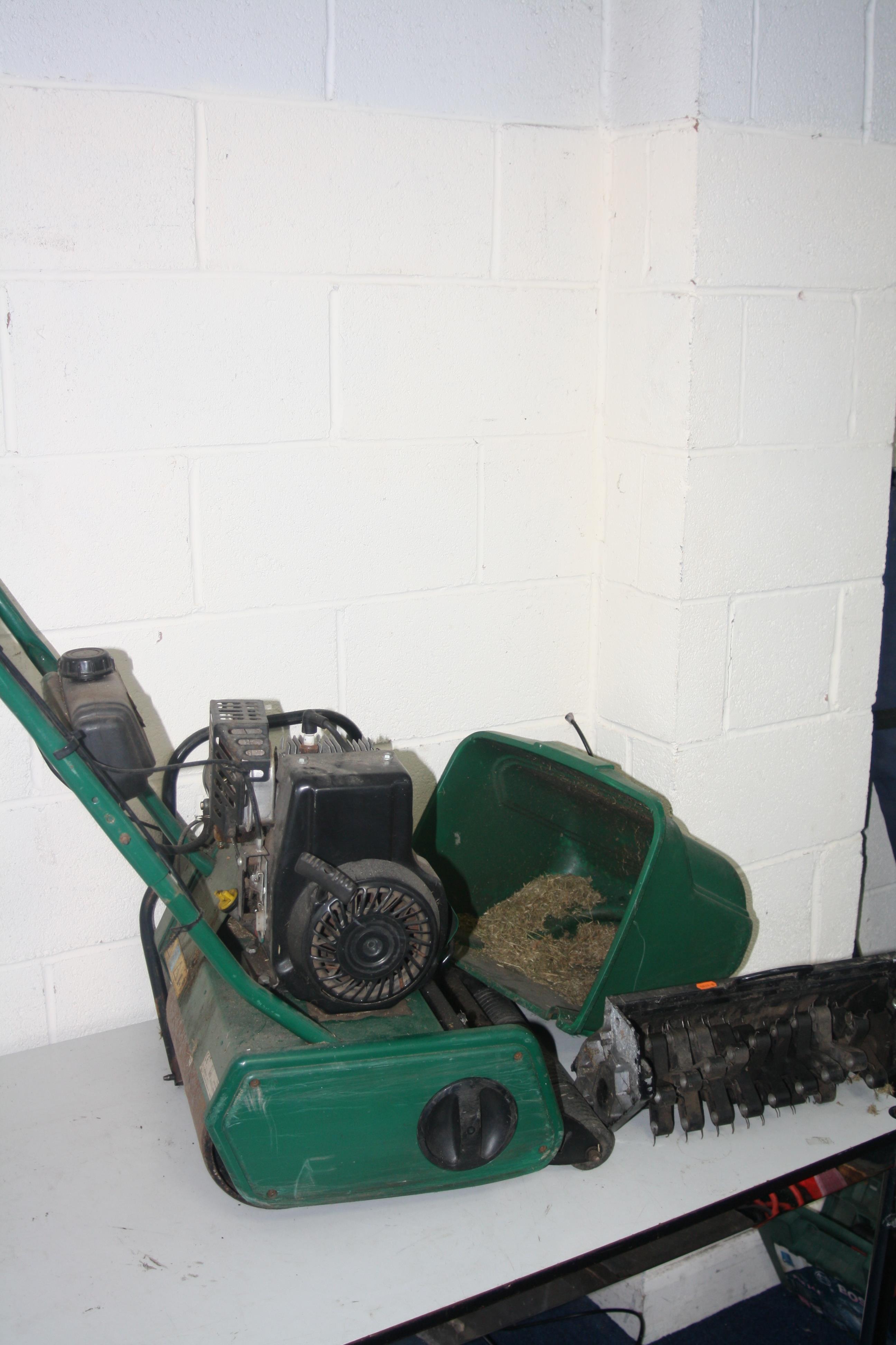 A QUALCAST CLASSIC PETROL 35S LAWN MOWER, (engine turning) with grass box and scarifier - Image 2 of 3