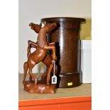 A WOODEN CARVING OF TWO REARING HORSES, approximate height 31.5cm, together with a cylindrical oak