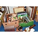 EIGHT FRAMED PRINTS AND TWO BOXES OF BOOKS, BINOCULARS, SOFT TOYS, HORSE BRASSES, etc, including