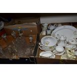 FOUR BOXES OF GLASSWARE, KITCHEN CERAMICS, ORNAMENTS ETC, including a small quantity of Royal Albert