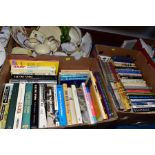 TWO BOXES OF BOOKS AND A BOX OF CERAMICS AND GLASSWARE, to include 1930's tinted and painted tea