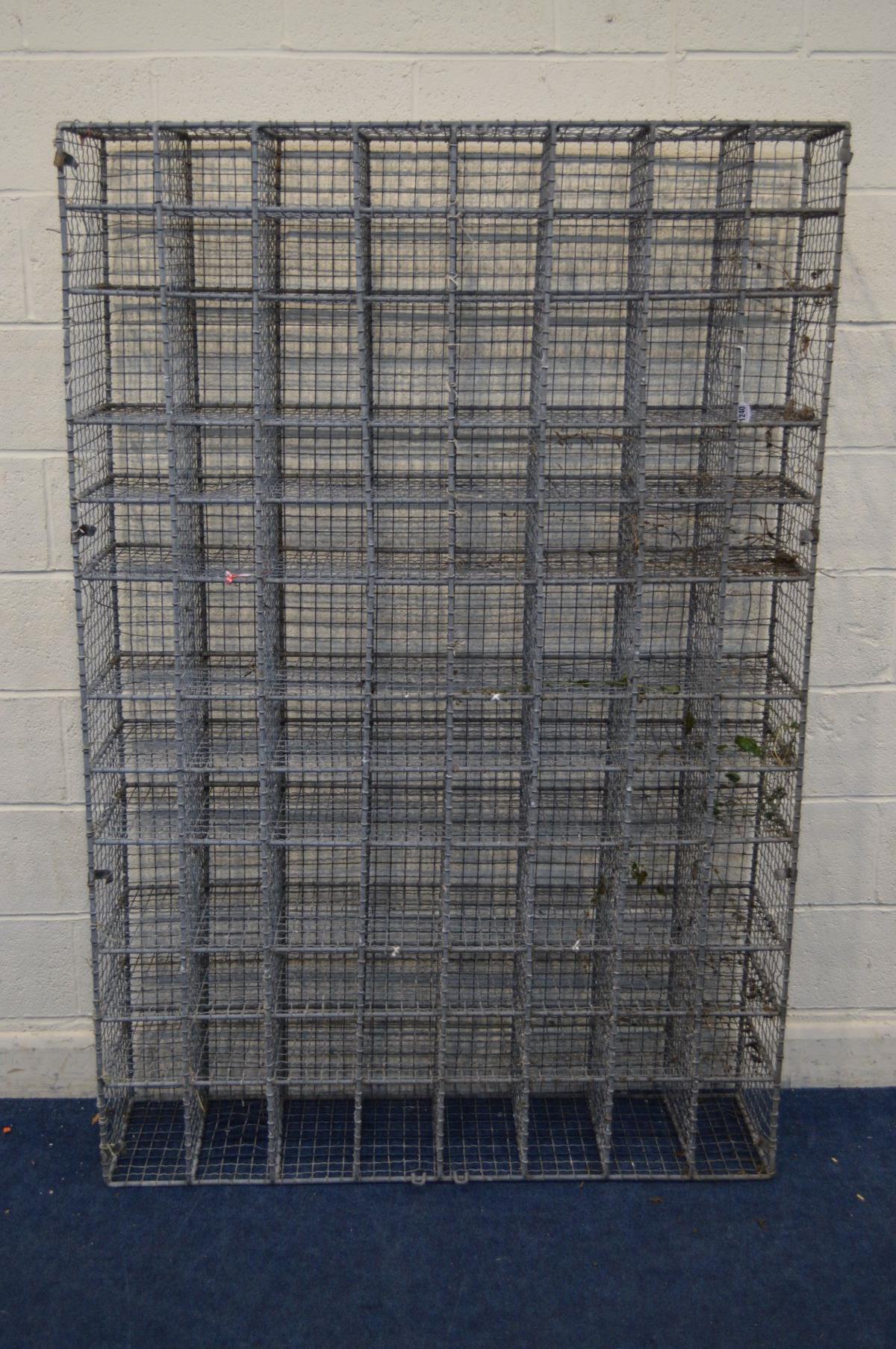 A GALVANISED STEEL WIRE MESH FRAMED GYMNASIUM NINTY SIX HOLE SHOE RACK, width 122cm x depth 30cm x