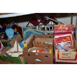 FIVE BOXES AND LOOSE TOYS, DOLLS HOUSE, GAMES, SOFT TOYS, YACHTS, etc, to include 'Dolls House