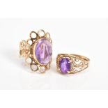 TWO 9CT GOLD AMETHYST RINGS, the first designed with an oval cut amethyst and textured open work