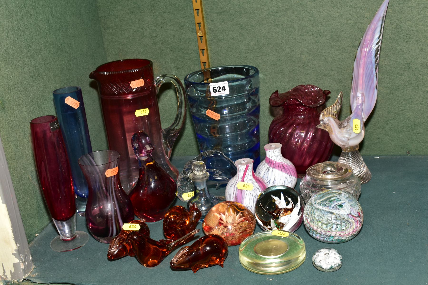 A COLLECTION OF COLOURED AND CLEAR GLASSWARE, including modern paperweights, Dartington Crystal