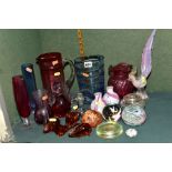 A COLLECTION OF COLOURED AND CLEAR GLASSWARE, including modern paperweights, Dartington Crystal