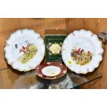 A PAIR OF ROYAL CROWN DERBY PLATES DECORATED WITH HUNTSMEN AND HOUNDS, wavy rims with moulded and