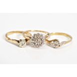 THREE 9CT GOLD DIAMOND SET RINGS, to include a raised single cut diamond cluster ring, stamped