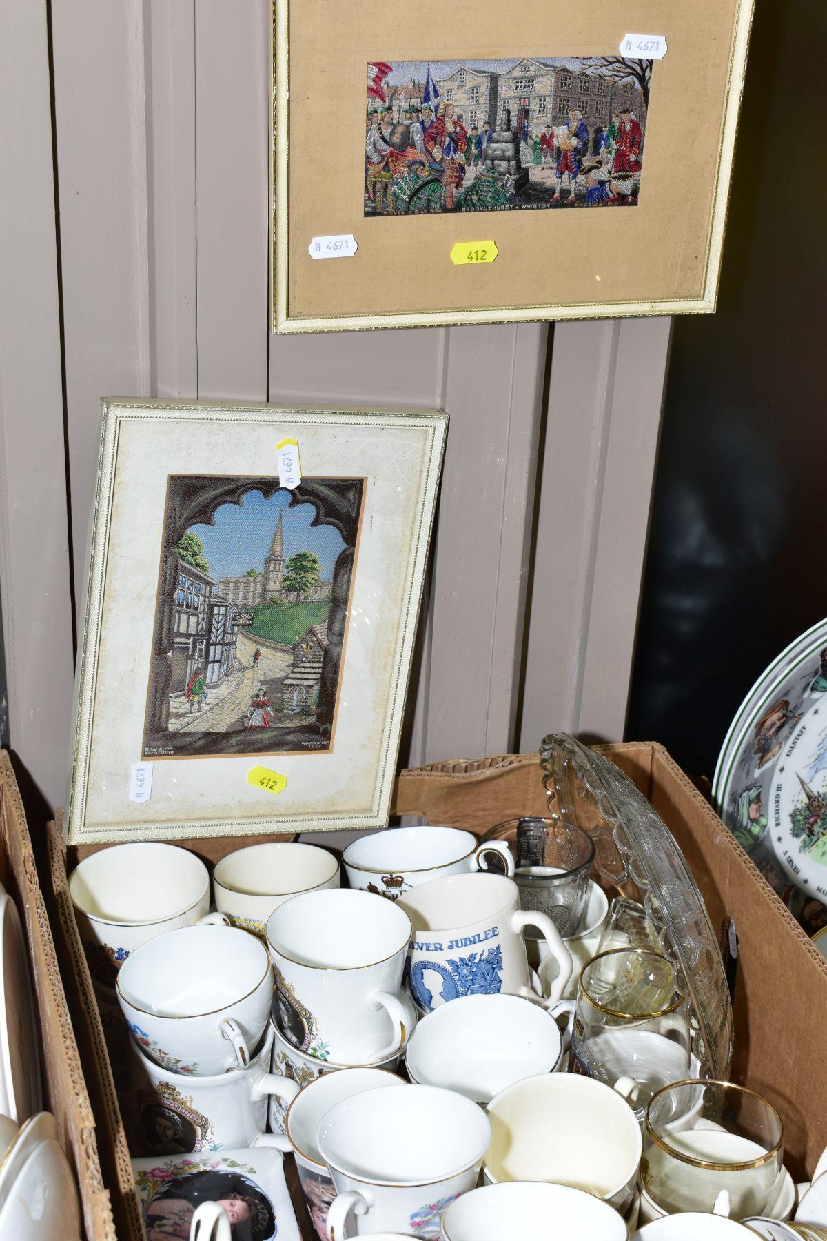THREE BOXES AND LOOSE CERAMICS, PICTURES, GLASS ETC, to include framed woven silk pictures ( - Image 2 of 4