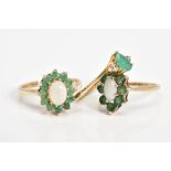 THREE 9CT GOLD EMERALD SET RINGS, the first of cluster design set with an oval cut opal and circular