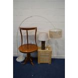 A MODERN CHERRYWOOD OCCASIONAL TABLE, together with a demi lune hall table, a modern floor lamp, a