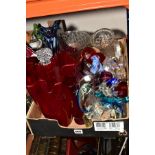 A BOX OF ASSORTED GLASSWARE, including dolphin, bird and animal figures, Murano type vase, a frilled