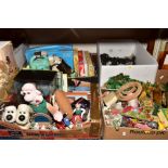 FOUR BOXES OF WALLACE & GROMIT THEMED NOVELTIES, GAMES, SOFT TOYS, VIDEOS, BOOKS, etc, to include