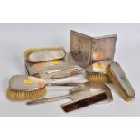 A GROUP OF SILVER AND WHITE METAL, comprising a six piece silver mounted dressing table set,
