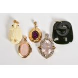 A SELECTION OF FIVE PENDANTS, to include a large oval cut rose quartz within a four claw setting and