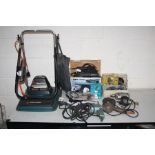 A COLLECTION OF VINTAGE AND MODERN POWER TOOLS, including a Black & Decker HS1 lawn mower (