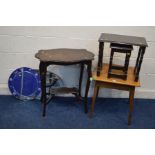 AN EARLY 20TH CENTURY GOLDEN OAK OCCASIONAL TABLE, together with an Edwardian centre table, two