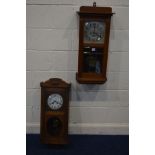 A FRENCH WALNUT WALL CLOCK, with Westminster chime, together with an early to mid 20th Century oak