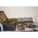 TWO VINTAGE WOODEN TOOLBOXES, a plastic toolbox and a tray containing tools, including a bit and