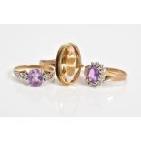 THREE GEM SET RINGS, to include an amethyst and diamond set cluster ring, with a 9ct hallmark for